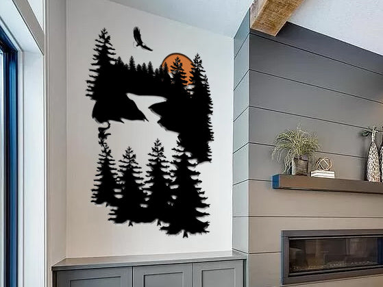 Pine Trees, Eagle, Moon Nature Scene Metal Sign (sample closeout sale)