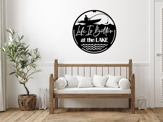 Life is Better at the Lake Metal Sign with Fisherman (sample closeout sale)